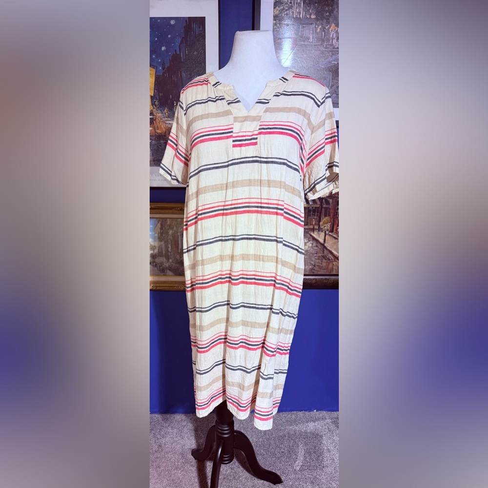 CJ Banks Size-1X Beige and Blue Striped Short Sleeve Linen Coverup Dress